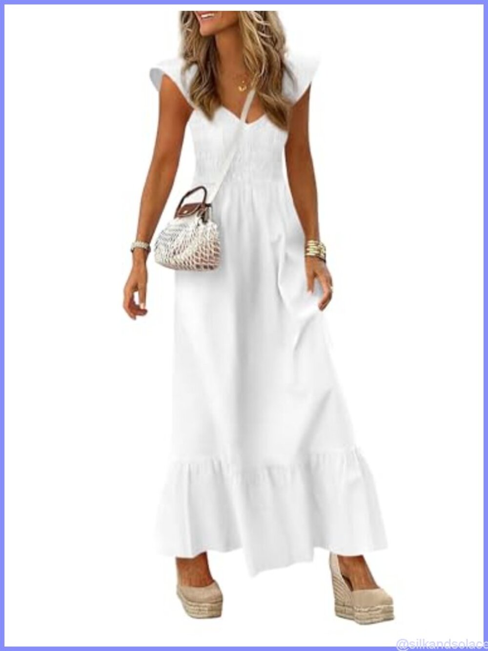 Smocked Maxi Sun Dress with Pockets Cap Sleeve V-Neck Summer